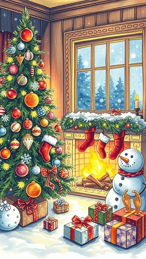 A festive Christmas drawing of a decorated tree, fireplace, and snowman in a winter scene.